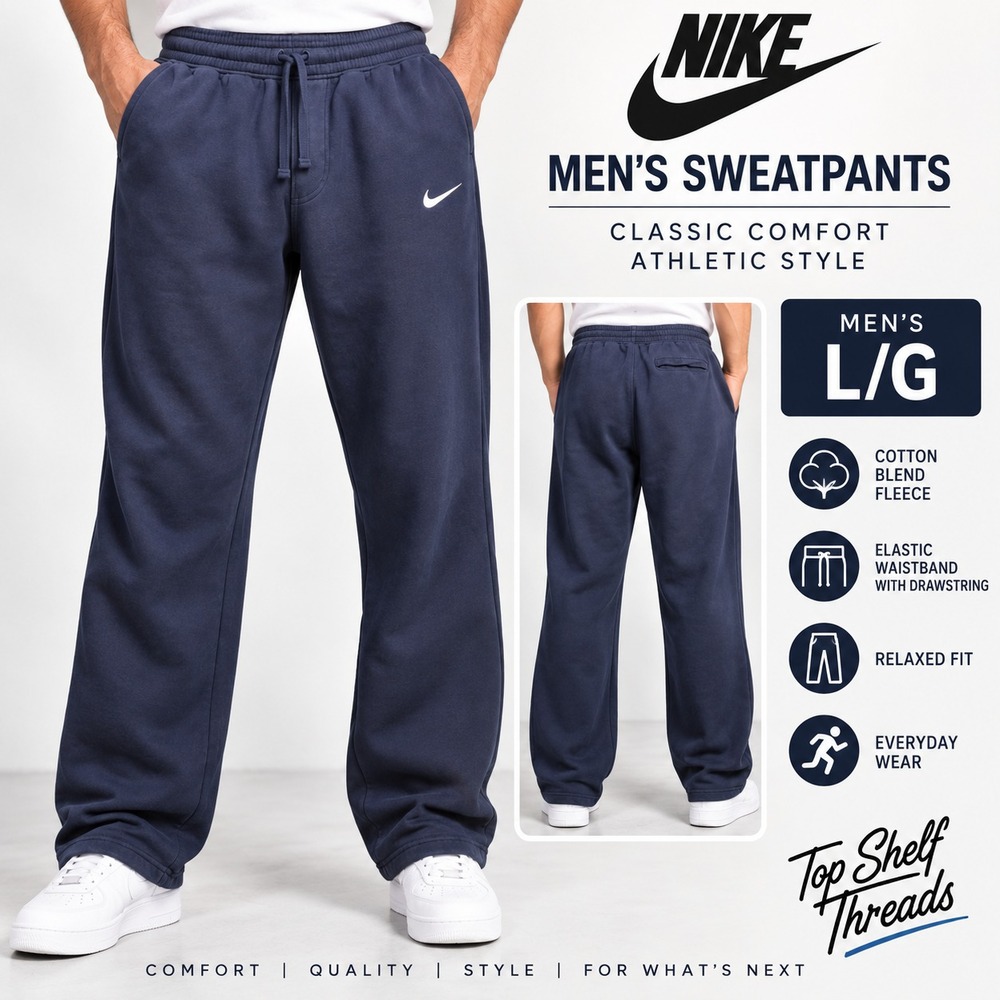 Nike Club OH Fleece Sweatpants Men L Navy Open Hem Straight Leg Swoosh Athletic